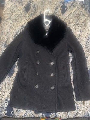 Rare Vintage Schott Bros Perfecto Wool Pea Coat Mouton Fur Collar