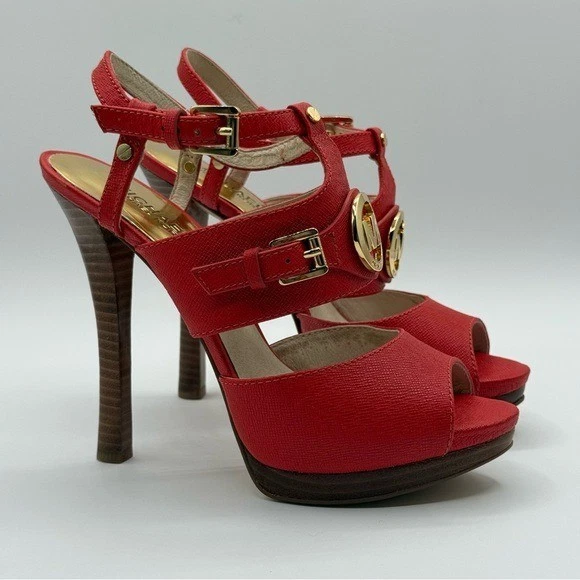 Michael Kors Mackenzie Tacones Plataforma Cuero Saffiano Rojo Punta abierta 7.5M Foto 2 de 4