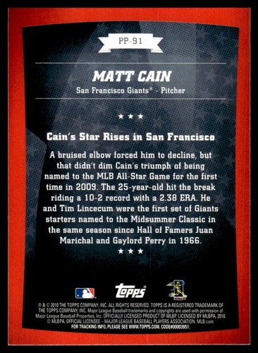 2010 Topps Peak Performance Matt Cain San Francisco Giants #PP-91 - Picture 2 of 2