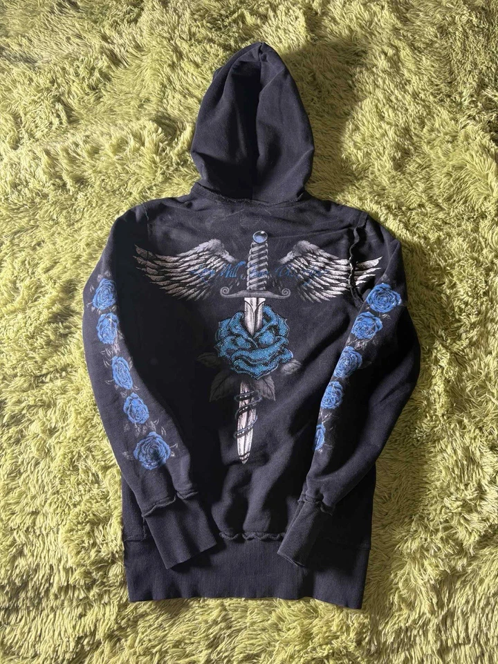 Vintage Y2K Rare SINFUL Black Wings Graphic Zip Up Hoodie Womens Size Large!!!! - Image 2 of 4
