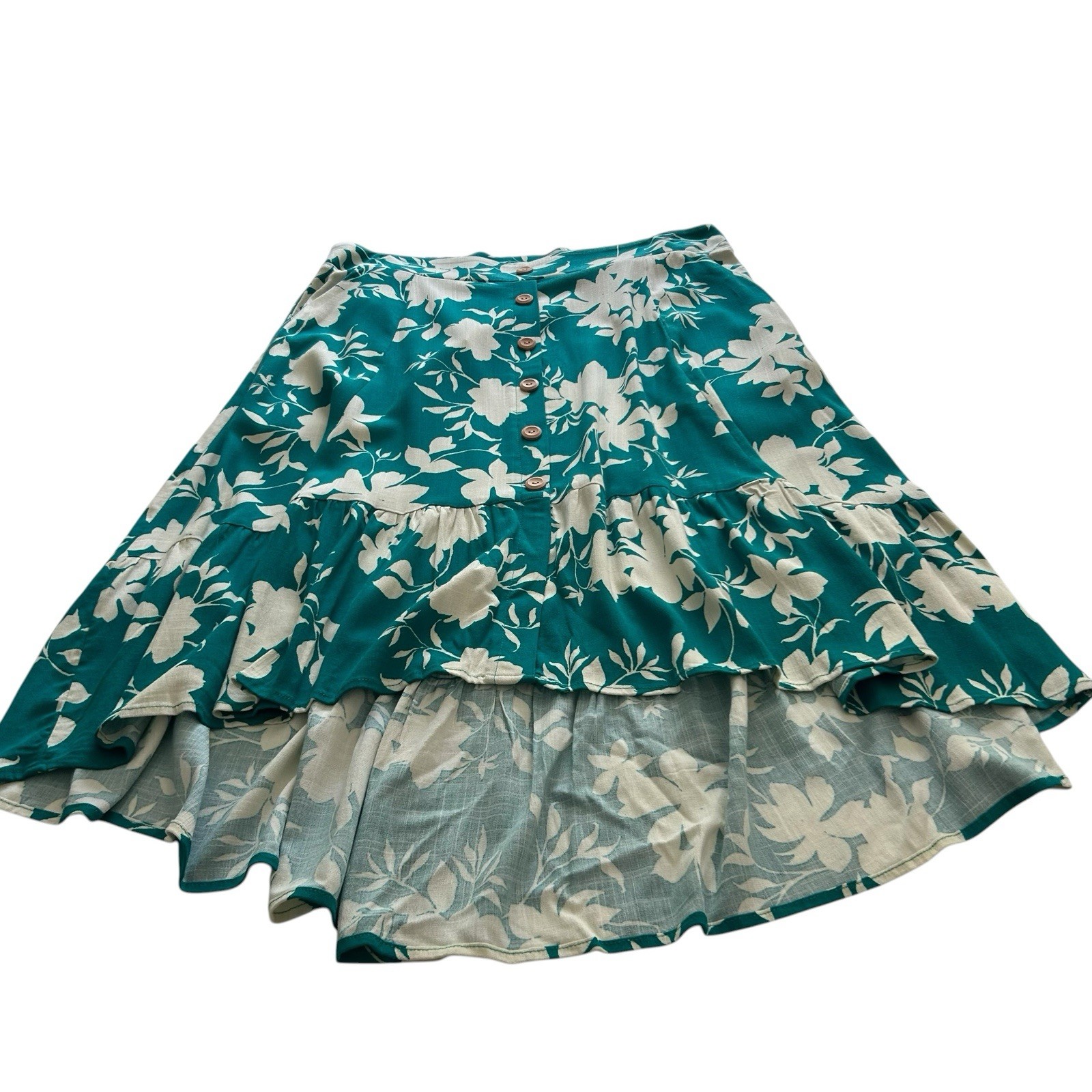 Torrid Midi Skirt Women's Green White Floral High Low Button Detail Size 0 Large-image