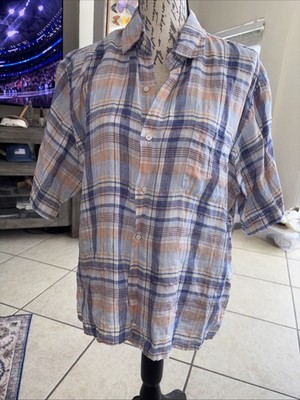 Peter Millar Mens Button Up Shirt Plaid  Linen Large