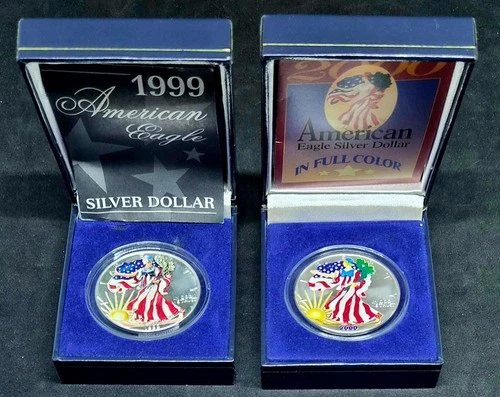(2) 1999 AND 2000 AMERICAN SILVER EAGLE 1 OZ COINS COLORIZED UNC MILLENIUM SET