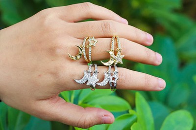 Double Layer Star Moon Pendant Ring Adjustable Gold And Silver Tone Cubic