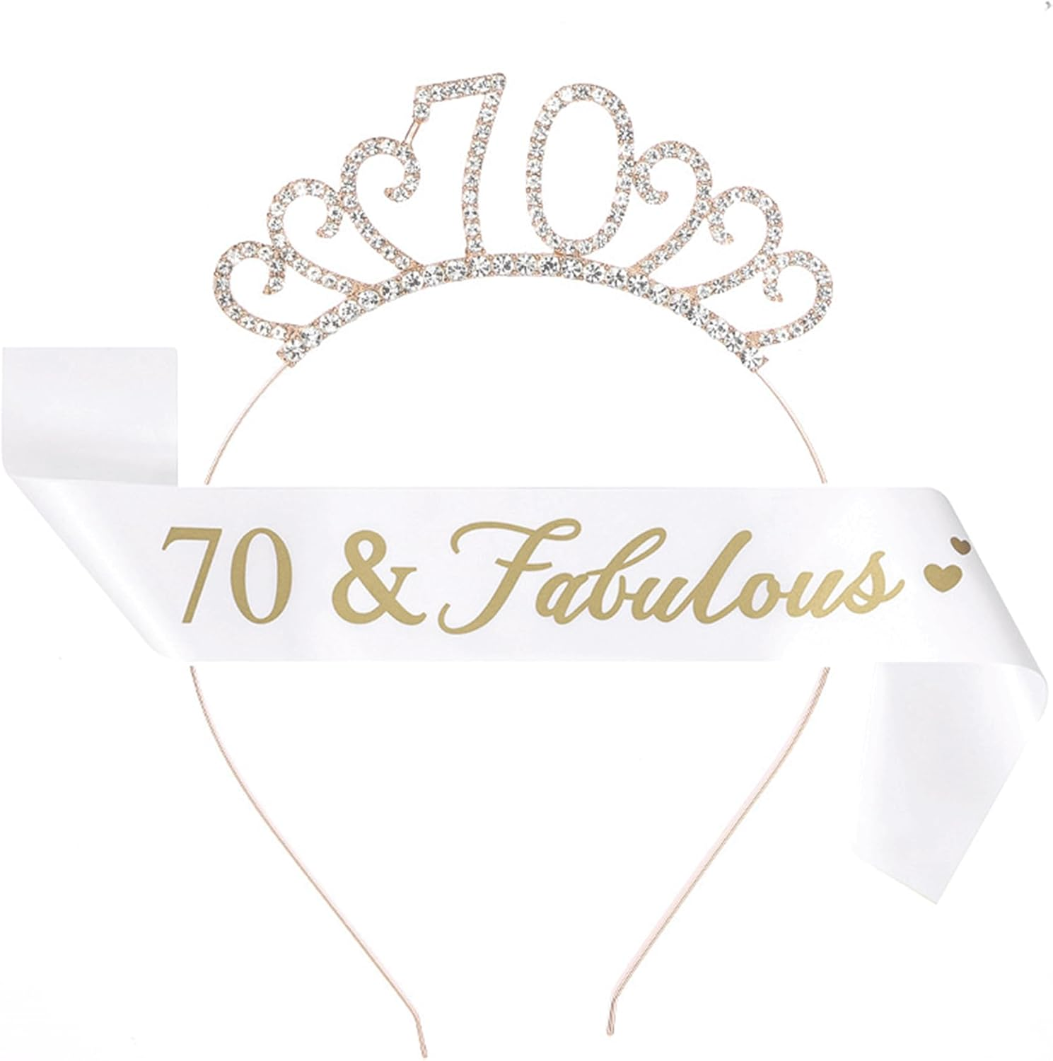70Th Birthday Sash and Tiara Happy Birthday Crystal Crown and 70 & Fabulous Sash