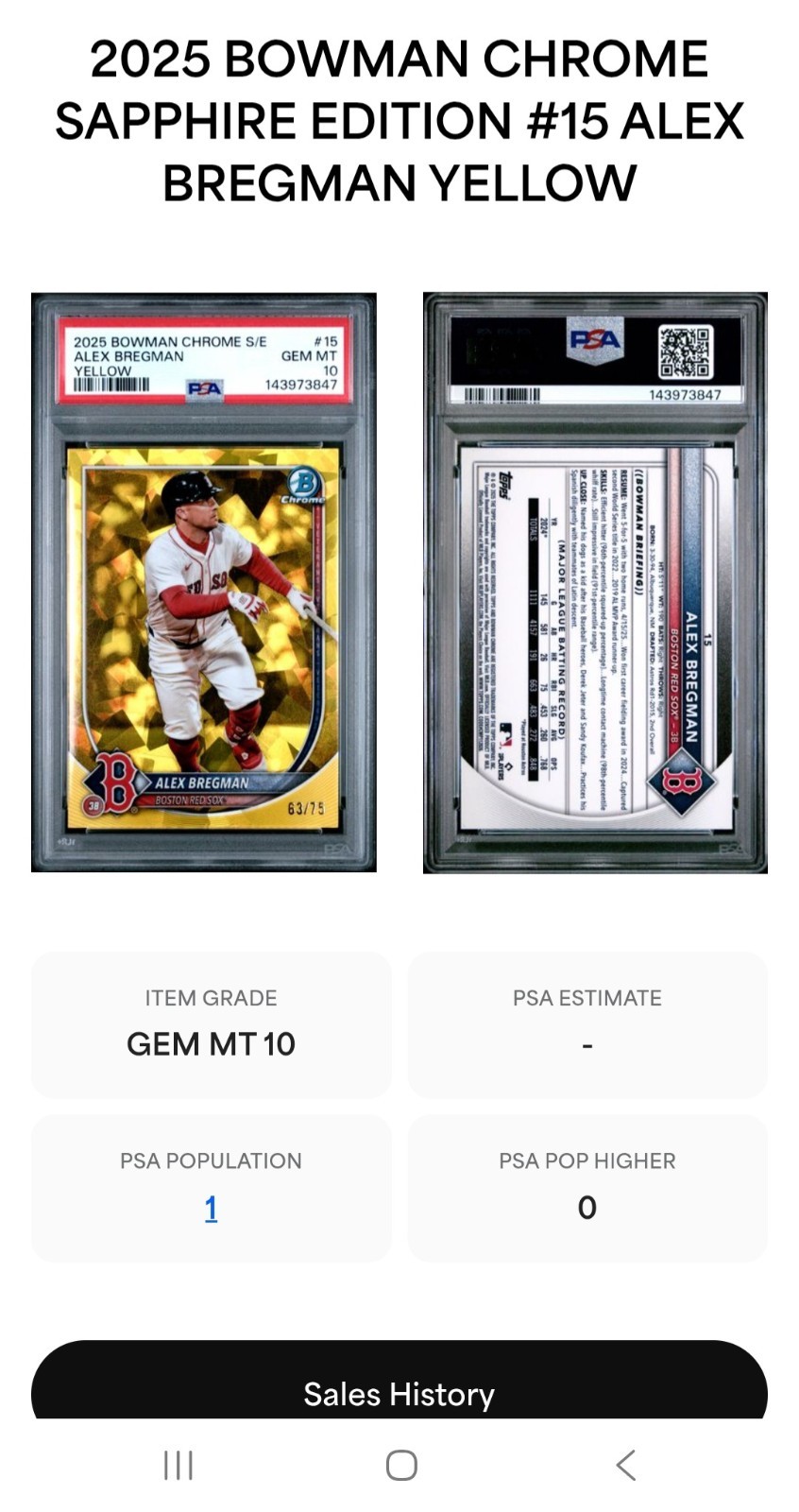 2025 Bowman Sapphire #15 Alex Bregman Yellow Chrome Refractor 63/75 PSA 10 POP 1 view 3