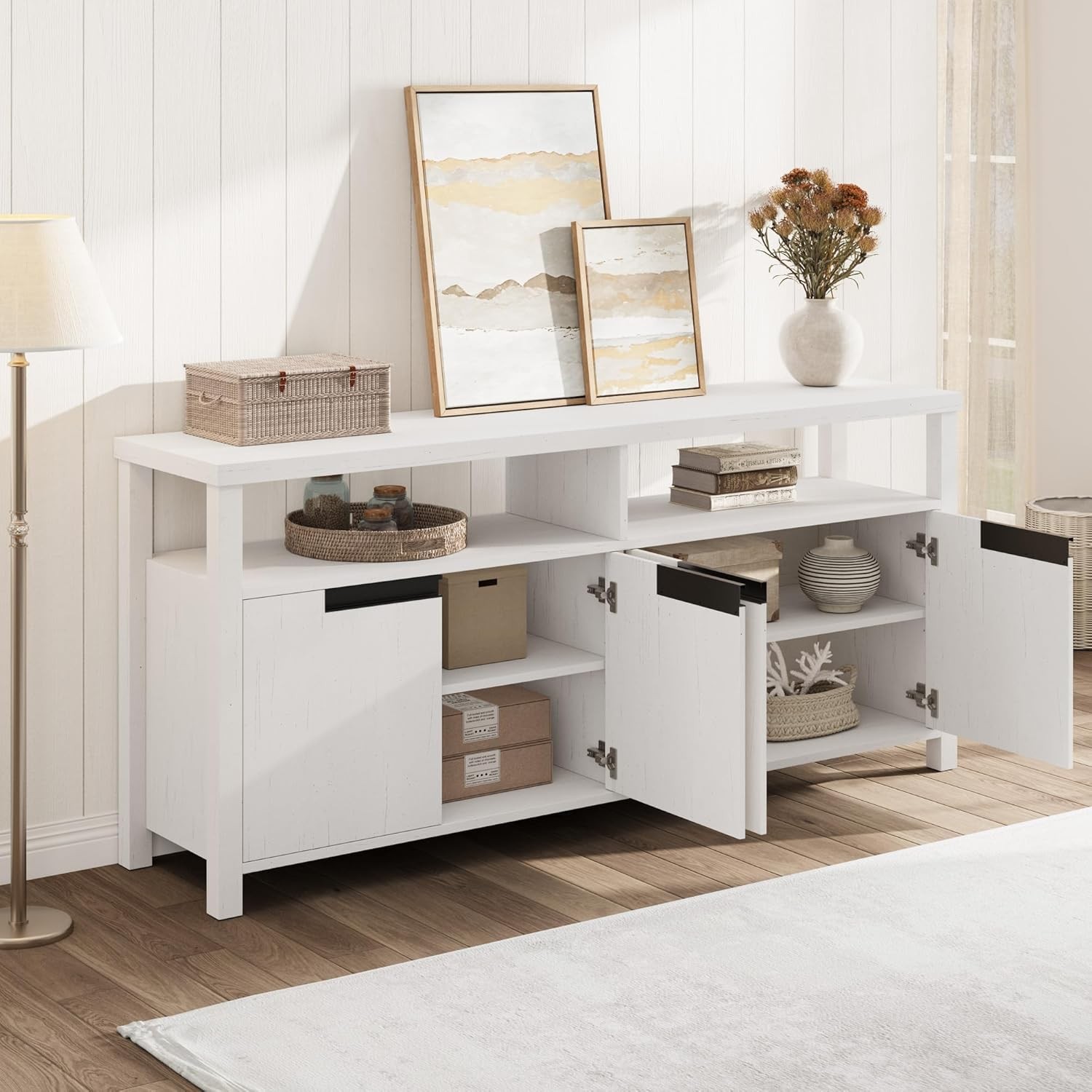 63" Farmhouse TV Stand for TVs Up to 70", Long Entertainment Center with 4 Doors