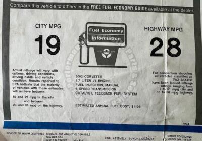 Original 2002 Corvette Z06 Torch Red Dealer Window Sticker