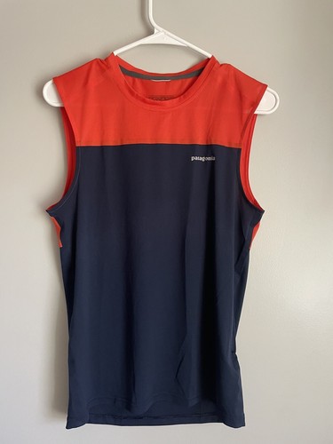 Men’s Patagonia XS Tank Orange Navy Blue Sleeveless Activewear Cool Trail Gear - Picture 1 of 3