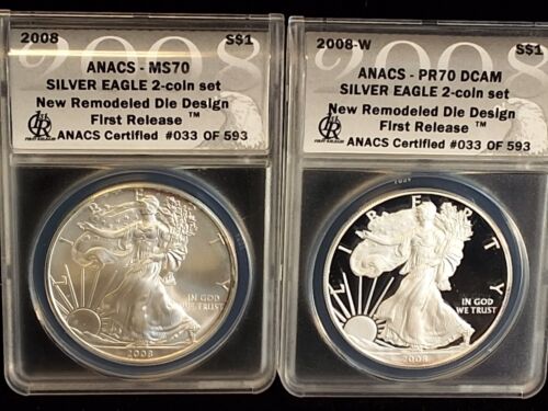 2008 W, P AMERICAN SILVER EAGLE SET ANACS PR70 DCAM & MS70 FIRST RELEASE - Picture 3 of 6