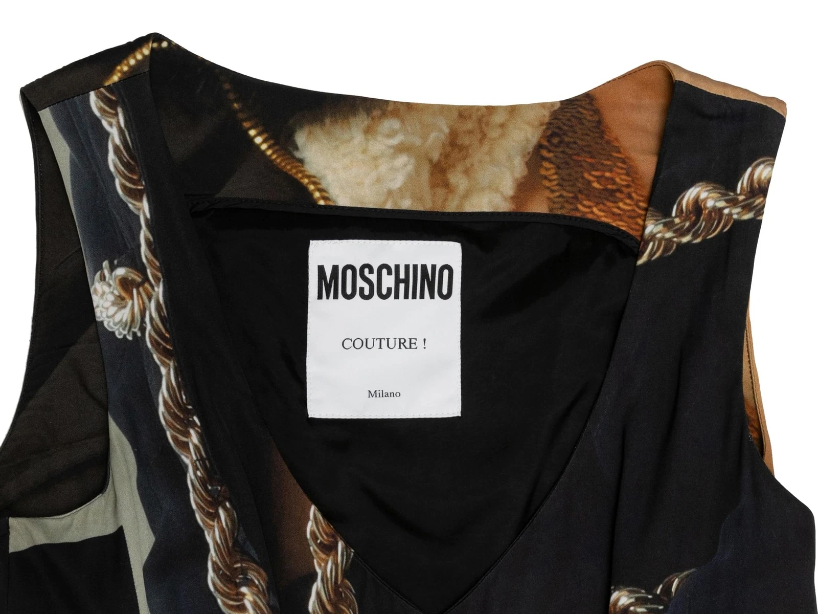 Abito smanicato nero e multicolore Moschino Couture stampa fotografica taglia IT