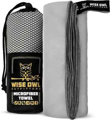 WISE OWL OUTFITTERS MICROFIBER TOWEL[MEDIUM]-LIGHT GREY CAMPING,BEACH,GOLF,YOGA