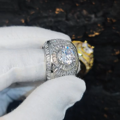 Round GRA Moissanite Baguette CZ Cluster Unisex Wedding