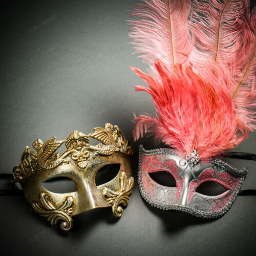Silver Roman Warrior & Pink Top Feather Mardi Gras Venetian Couple Party Masks - Picture 1 of 9