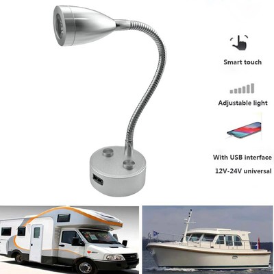 12-24V LED Reading Light Touch Switch USB Interior Bedside Book Map Lamp Boat RV