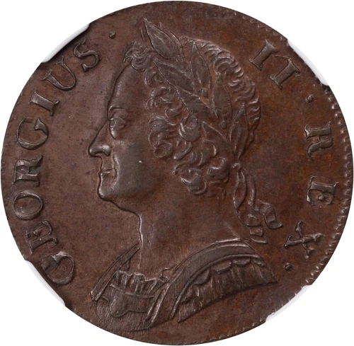ENGLAND GEORGE II 1742 1/2D HALF PENNY COIN NGC CERTIFIED ALMOST UNCIRC. AU58-BN