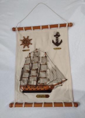 3D Mayflower Schiff, Schiffsrad & Anker Modell mit Namensschild selten Vintage