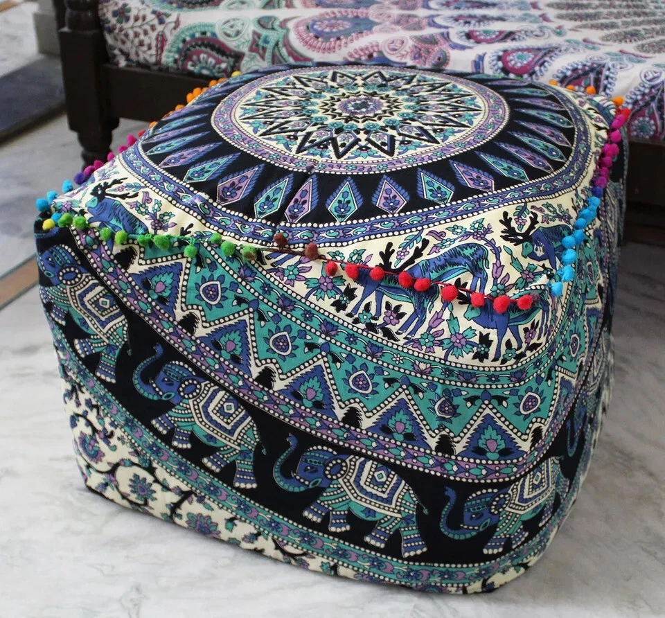Indian Multi Mandala Square Ottoman Pouf Cover Elephant Footstool Cover All Size - Image 3 of 3