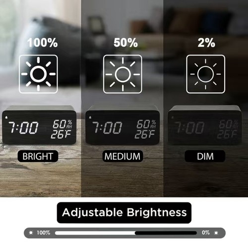 LED Wooden Digital Bedside Alarm Clock Qi Wireless Charging USB Battery 3 Alarm - Picture 6 of 9