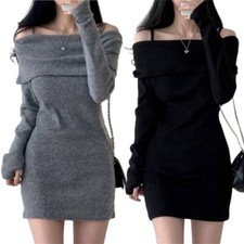Stylish Knit Dress for Women and Girls off Shoulder Long Sleeve Dresses