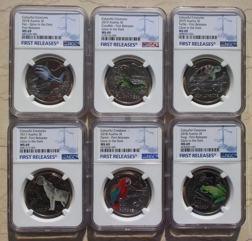 6 Pcs NGC MS69 Austria 3Euro Coins - Colourful Creatures - Glow in Dark