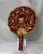 Vtg Fixed Fan Round Red Velveteen Covered Decorated With Gold Thread Indonesia