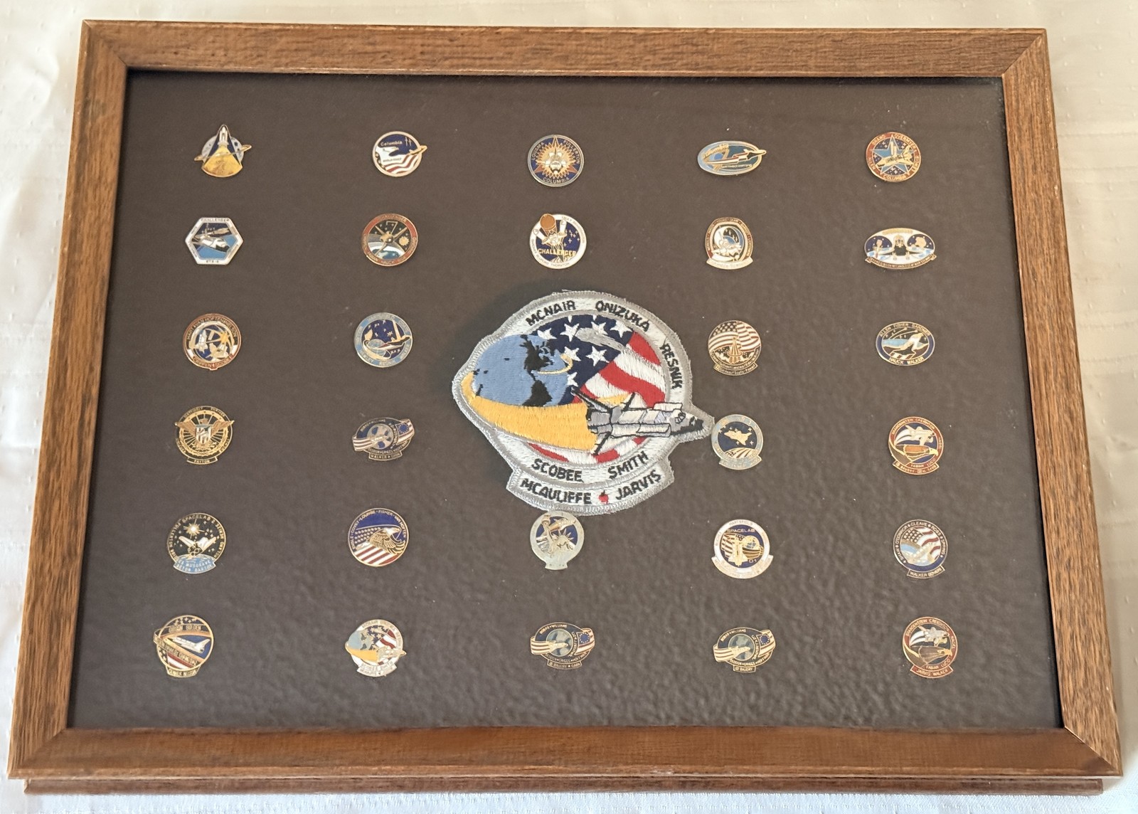Nasa Space Shuttle Mission Pin Collection Framed + Challenger Crew Patch