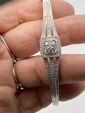Sterling Silver 1/2CTW Diamond Square Cluster Hinged Bangle Bracelet