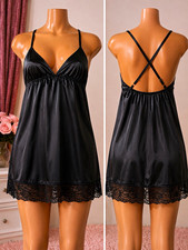 Women's Black Satin Full Slip with Lace Hem, Adjustable Straps, Size M