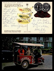 DR WHO 1973 TONGA DIE CUE TRICYCLE ISLAND TAXI POSTCARD VAVAU TO USA R72596