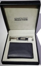 BLACK LEATHER TRIFOLD WALLET + KEY RING Box Set by Kenneth Cole Reaction ~ New!