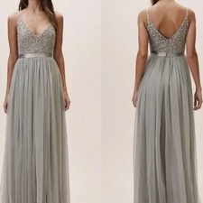 Anthropologie BHLDN Avery Bridesmaid Dress in Fog Beaded Tulle Maxi Size 4
