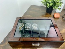 Watch Display Case 10 Slot Wood Leather Organizer Storage Glass Lid Men Box