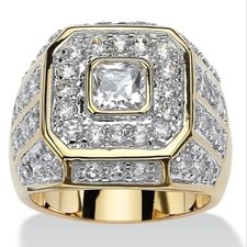 Unisex Hip Hop Gold-Tone Statement Ring Prong Set Cubic Zirconia Rings Jewelry