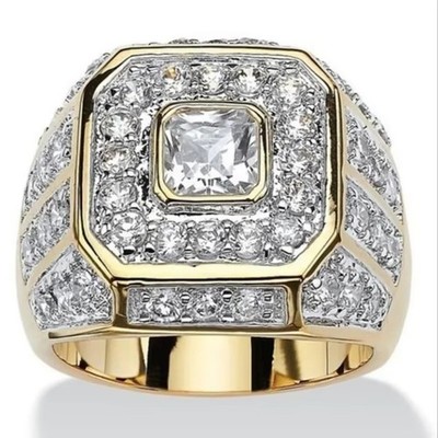 Unisex Hip Hop Gold-Tone Statement Ring Prong Set Cubic Zirconia Rings Jewelry