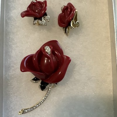 Vintage KJL Kenneth Jay Lane Red Rose Crystal Earrings Brooch Set