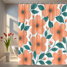 Chic Floral Shower Curtain with Orange Flowers and Green Leaves