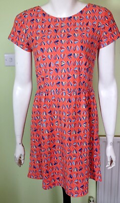 New Next Petite Short Sleeve V Back Dress Orange Multi UK 10
