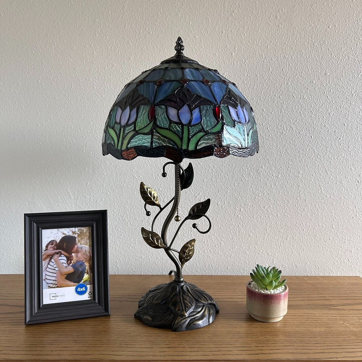 Tiffany Style Table Lamp Blue Purple Stained Glass Tulips LED Bulb