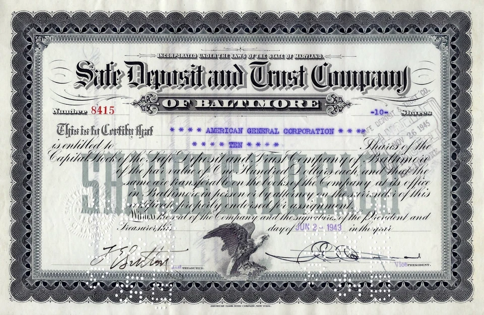 Safe Deposit and Trust Company of Baltimore, Maryland, 1943 (10 Shares) - Bild 1 von 1