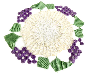 Vintage Hand Crocheted Doily With Purple Florets and Green Leaves, 13 