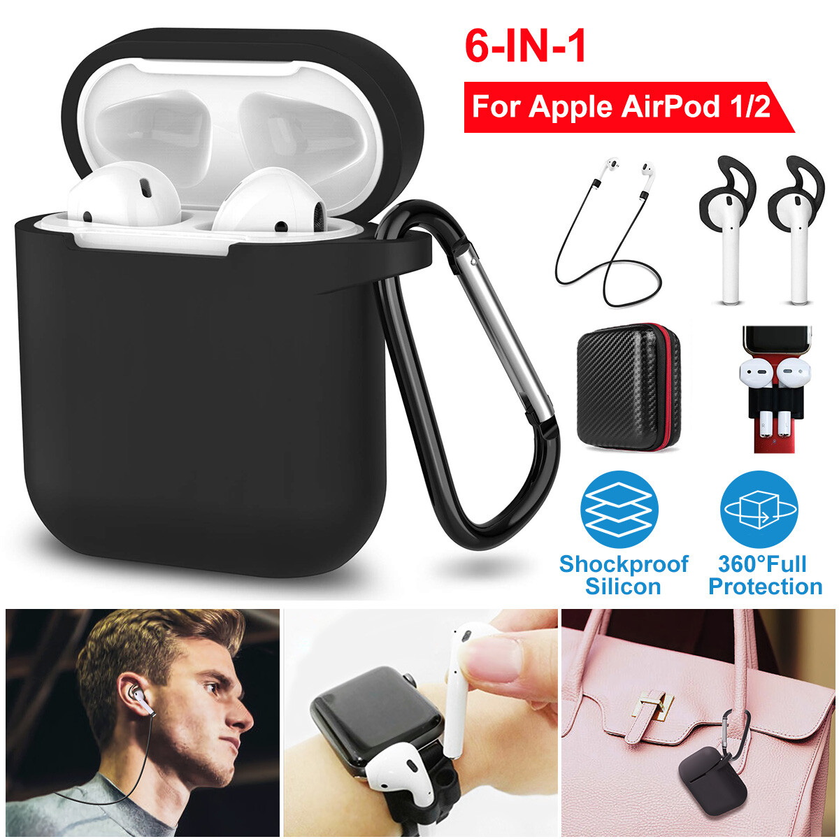 AirPods Case Accessories Kits Protective Silicone Cover Skin w/Strap, Ear Hooks-image
