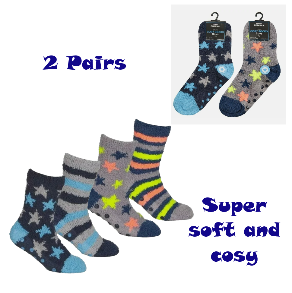 Boys 2 Pack Soft Fluffy Socks Grippers Kids Warm Cosy Thick Bed Non