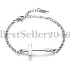 Women Christian Sideways Cross Religious Chain Bracelet Stainless Steel Anklet
