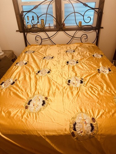 Vintage Japanese Satin Embroidered Duvet Cover Yellow Cranes King