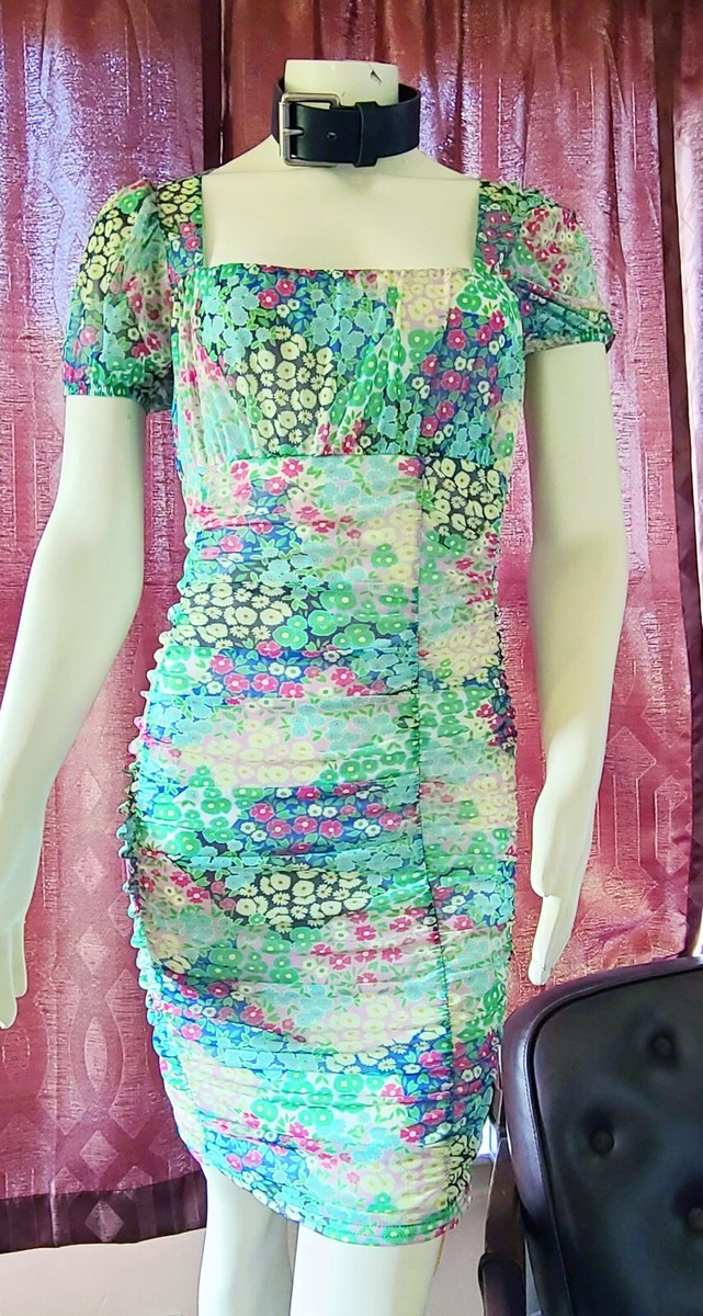 Missguided US Size 6 Retro Floral Bodycon Dress - Ruching Puff Sleeve  Stretch | eBay