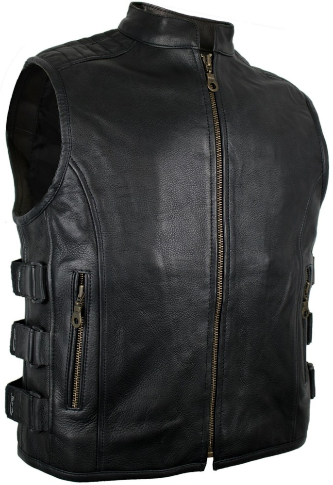 Biker vest leather vest with zip, club vest rocker vest cowhide leather