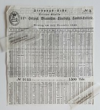 1840 Ziehungs-Liste Dritter Klasse 11ter Braunschweig L&uuml;neburg Landes-Lotterie