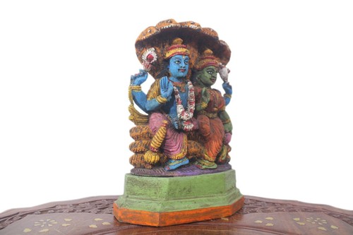 Vintage Vishnu Lakshmi Statue Small Antique Wooden Sculpture Hindu Decor Idol - Picture 2 of 5