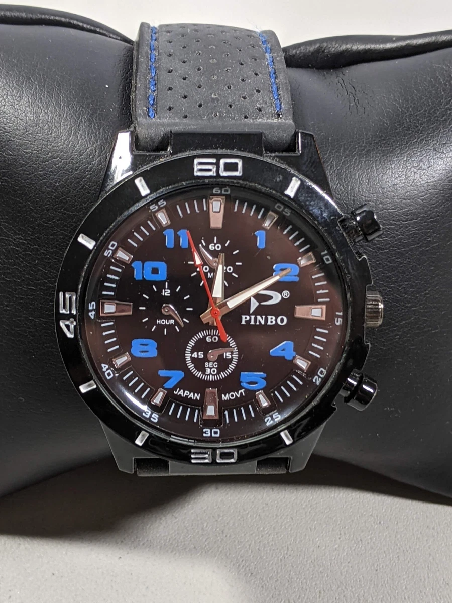 Pinbo Black Dial Round Case 43 mm Black Rubber Band Watch